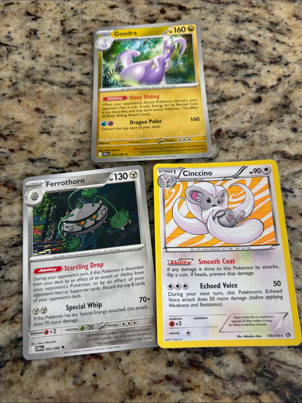 Pokemon Trading Cards - Purple Goodra, Green Ferrothorn, White Cinccino